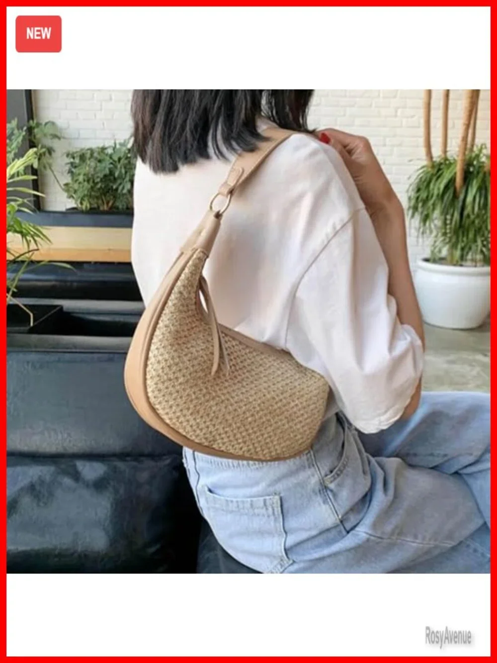 Straw Beach Crescent Tote Mini Clutch Purse Underarm Vacation Handbag Summer